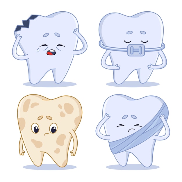 Colección de personajes de dientes afectados de dibujos animados con caries y aparatos ortopédicos