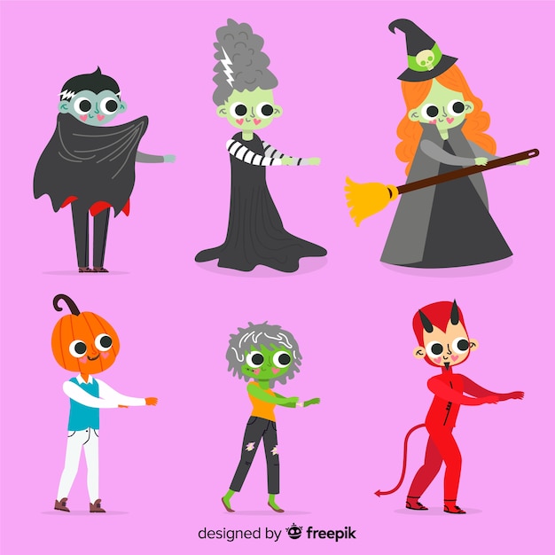 Vector gratuito colección de personajes de disfraces de halloween planos