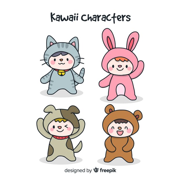 Colección personajes disfrazados kawaii dibujados a mano