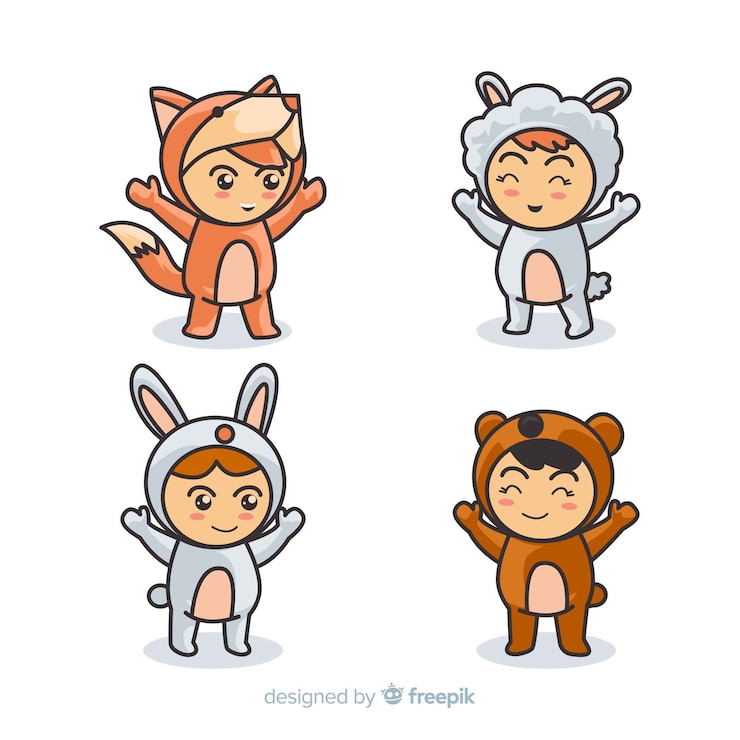 Vector gratuito colección personajes disfrazados kawaii dibujados a mano