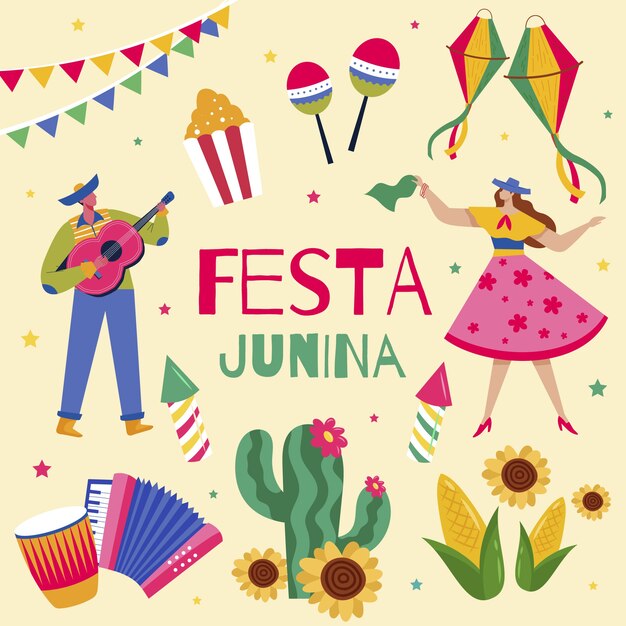 Colección de personajes y elementos de festas juninas dibujadas a mano