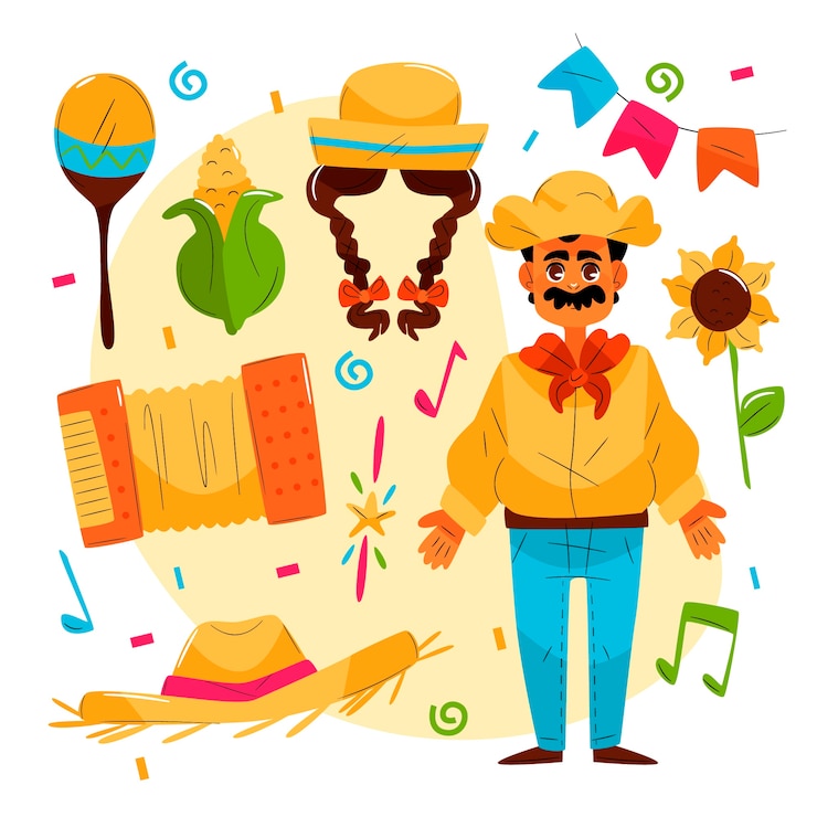 Vector gratuito colección de personajes y elementos de festas juninas planas dibujadas a mano
