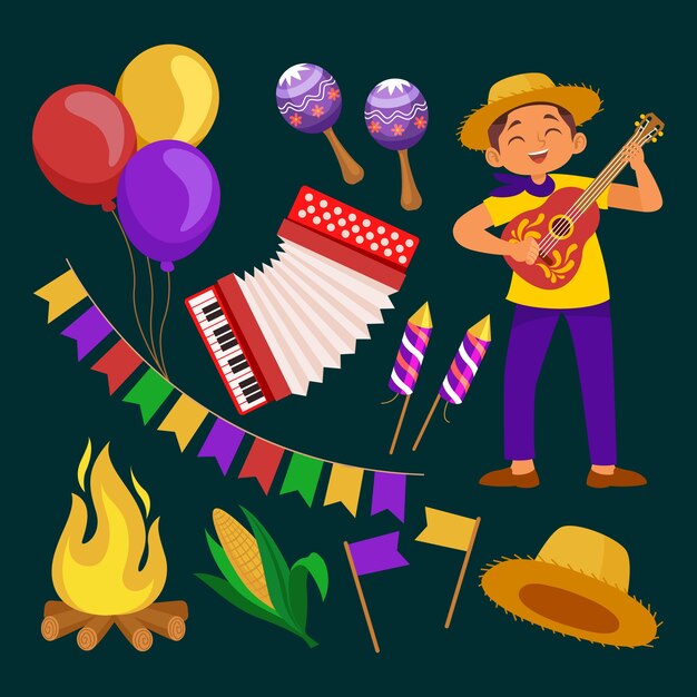 Colección de personajes y elementos de festas juninas planas
