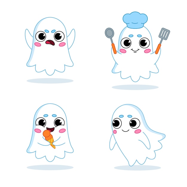 Colección de personajes fantasmas de dibujos animados comiendo helado, enojándose y cocinando