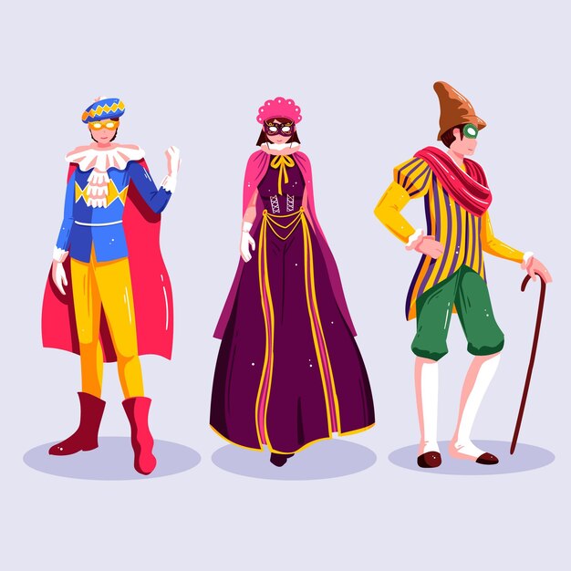 Colección de personajes felices con disfraces de carnaval.