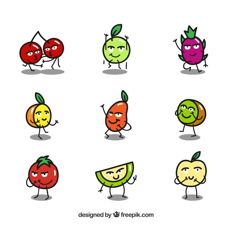 Vector gratuito colección de personajes de fruta expresivos en diseño plano