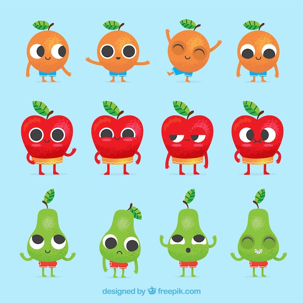 Vector gratuito colección de personajes de frutas con expresiones faciales