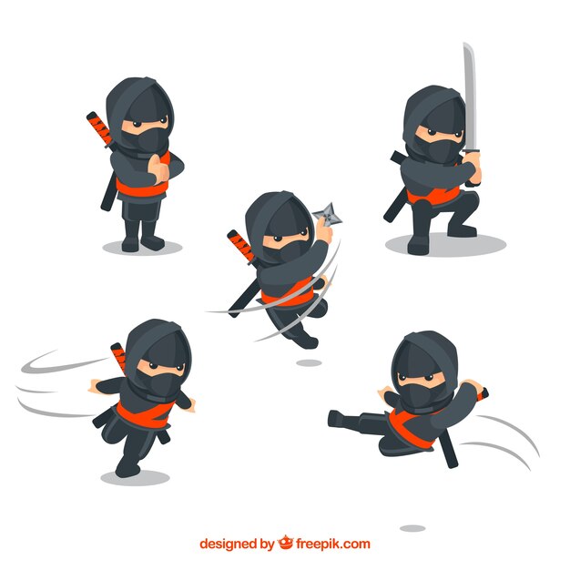 Colección de personajes de guerrero ninja con diseño plano