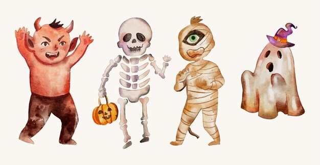 Colección de personajes de halloween en acuarela