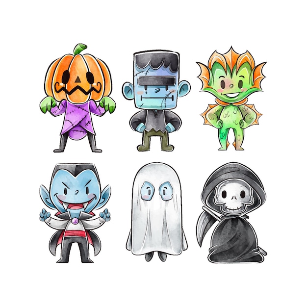 Colección de personajes de halloween en acuarela