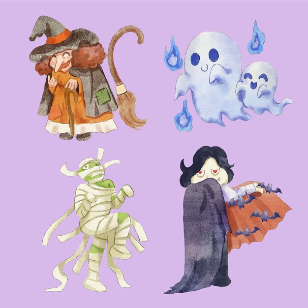 Colección de personajes de halloween en acuarela