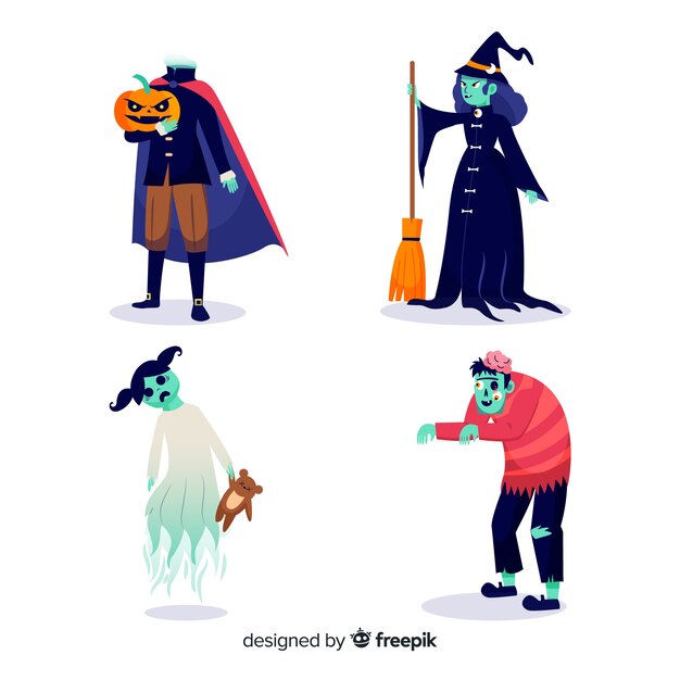 Colección de personajes de halloween de amanecer de mano sobre fondo blanco