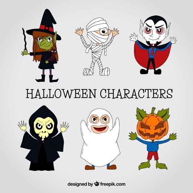Colección de personajes de halloween dibujados a mano 