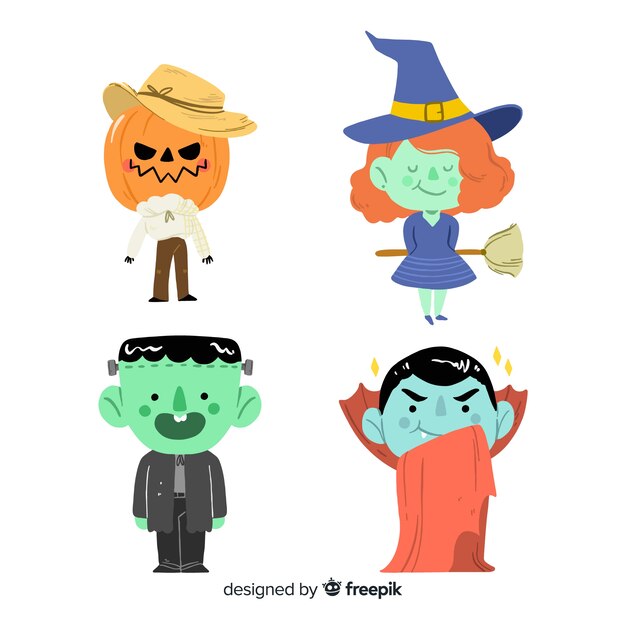 Colección de personajes de halloween dibujados a mano