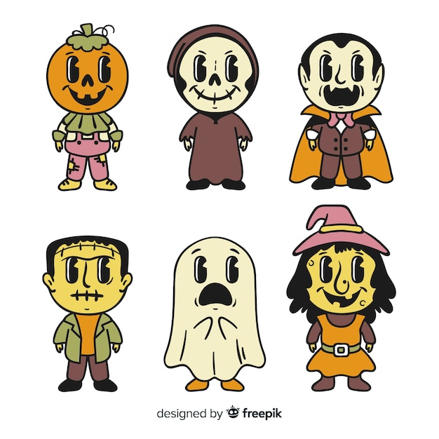 Colección de personajes de halloween dibujados a mano