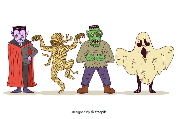 Colección de personajes de halloween dibujados a mano