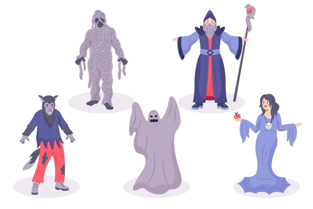 Colección de personajes de halloween dibujados a mano