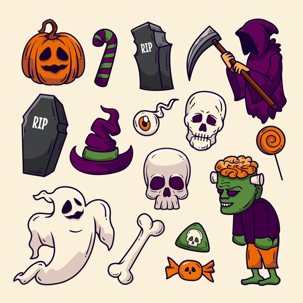 Colección de personajes de halloween dibujados a mano