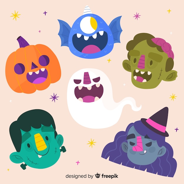 Colección de personajes de halloween dibujados a mano