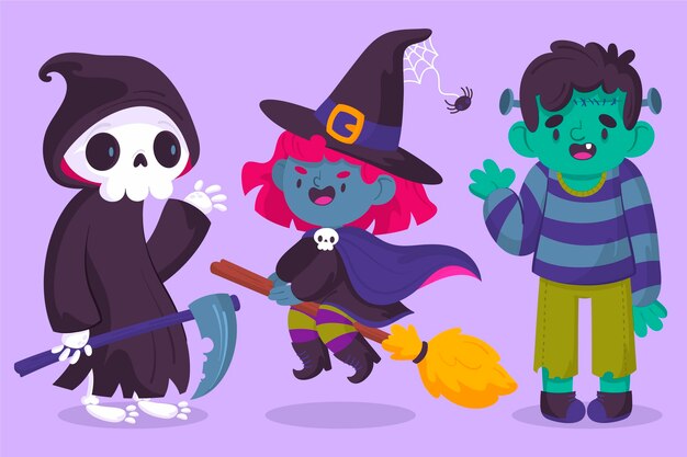 Colección de personajes de halloween dibujados a mano