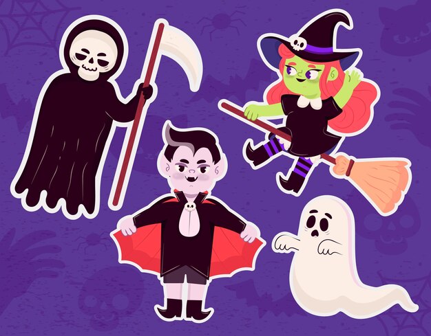 Colección de personajes de halloween dibujados a mano