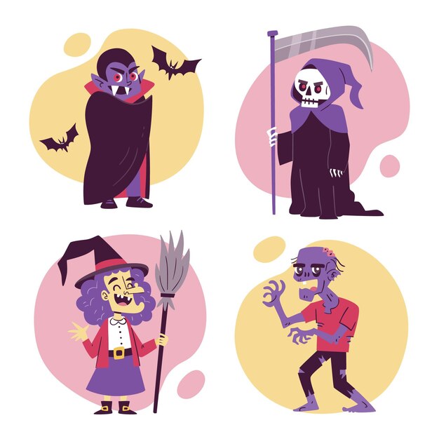 Colección personajes de halloween dibujados a mano