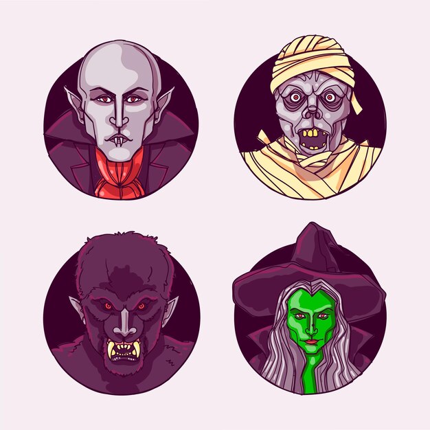 Colección personajes de halloween dibujados a mano