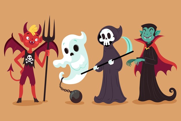Colección de personajes de halloween dibujados