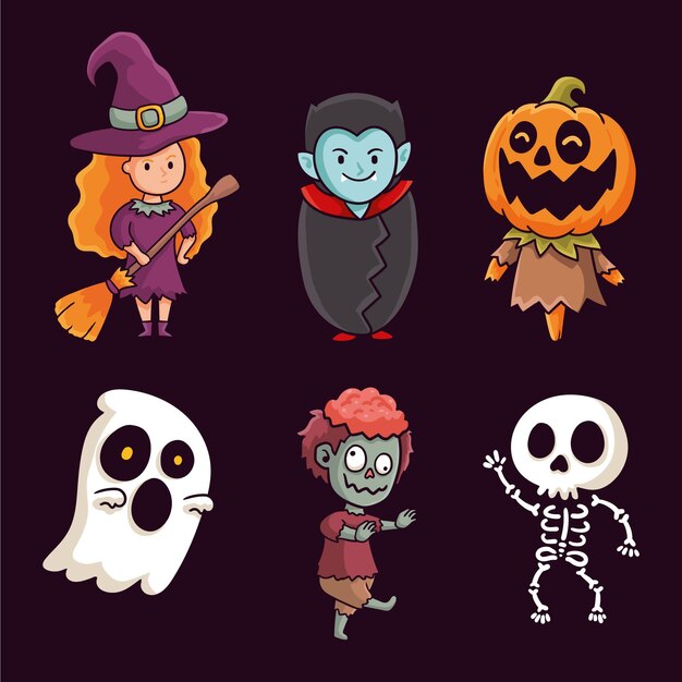 Colección de personajes de halloween de diseño dibujado a mano