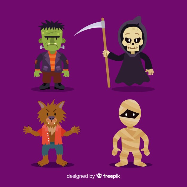 Colección de personajes de halloween en diseño plano