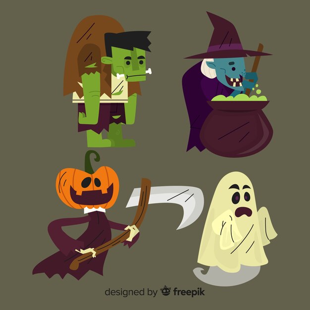 Colección de personajes de Halloween en diseño plano