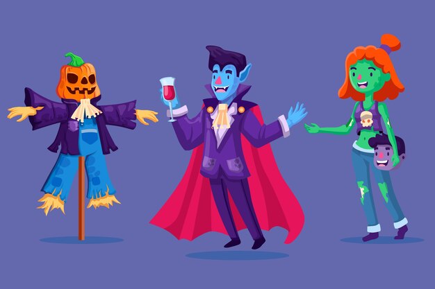 Colección de personajes de halloween en diseño plano