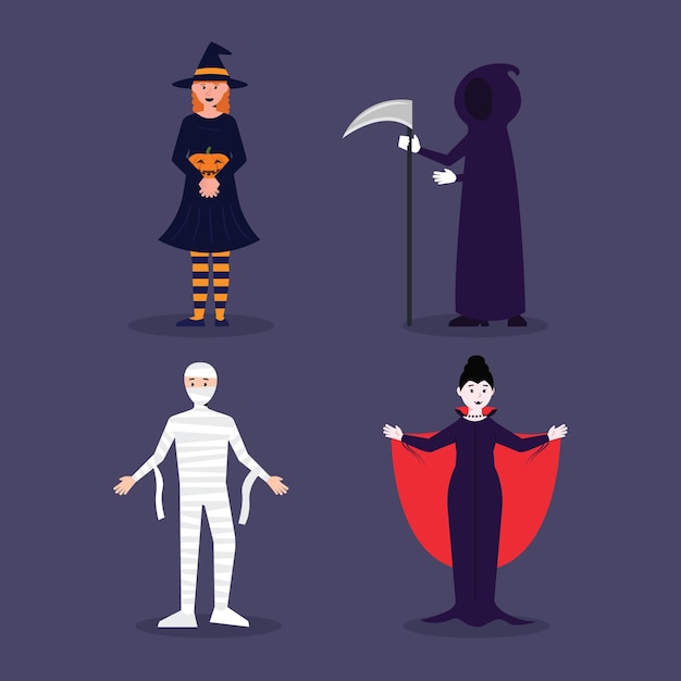 Colección de personajes de halloween en diseño plano