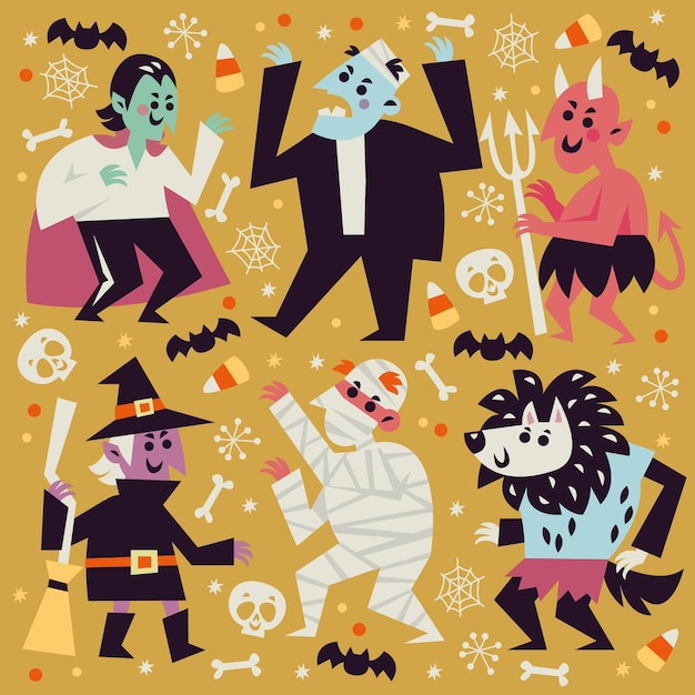 Colección de personajes de Halloween en diseño plano