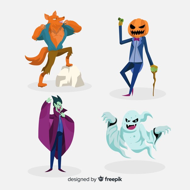 Colección de personajes de halloween espeluznantes dibujados a mano