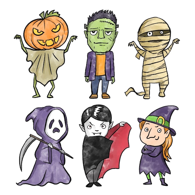 Colección de personajes de halloween estilo acuarela