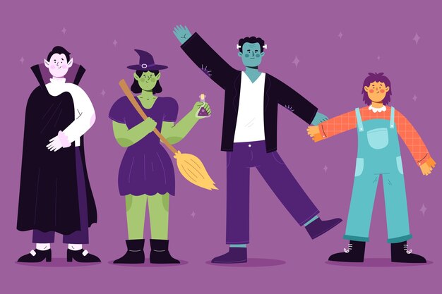 Colección personajes de halloween planos dibujados a mano