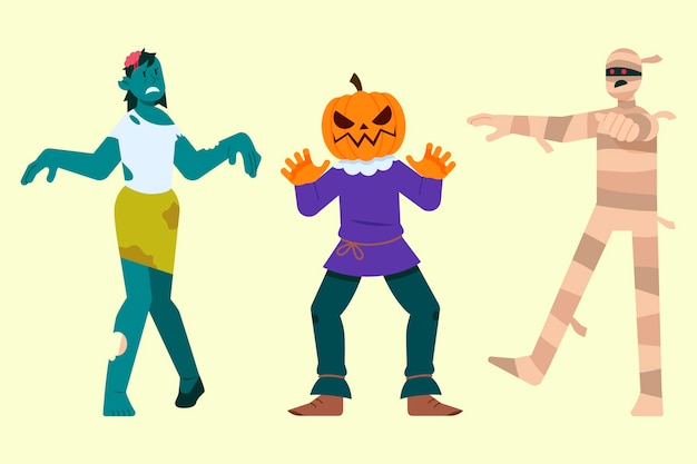 Vector gratuito colección personajes de halloween planos dibujados a mano