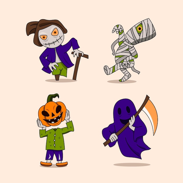 Colección personajes de halloween planos dibujados a mano