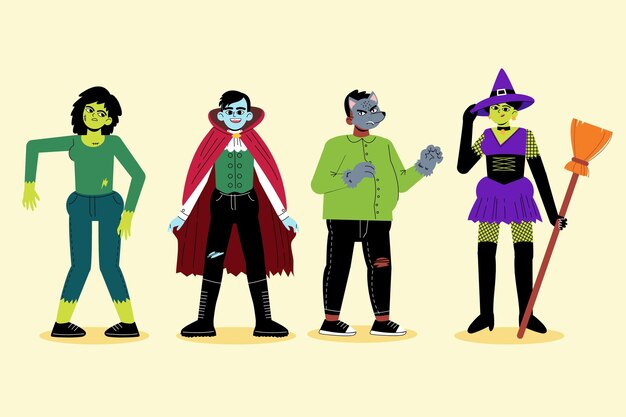 Colección personajes de halloween planos dibujados a mano