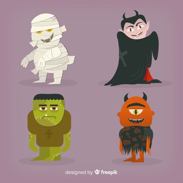 Colección de personajes de halloween en posiciones diferentes