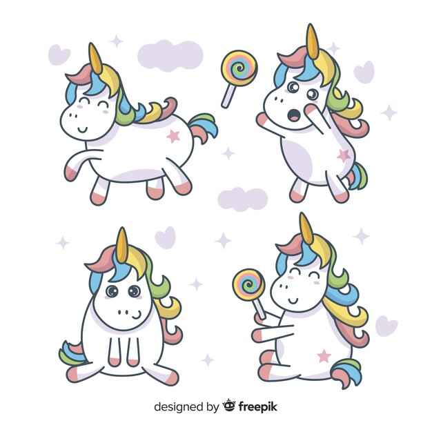 Colección de personajes kawaii adorables de unicornios