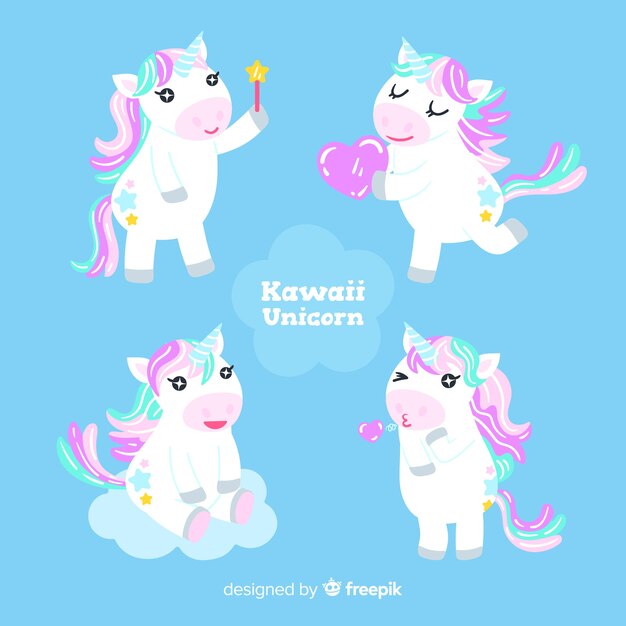 Colección de personajes kawaii de unicornio