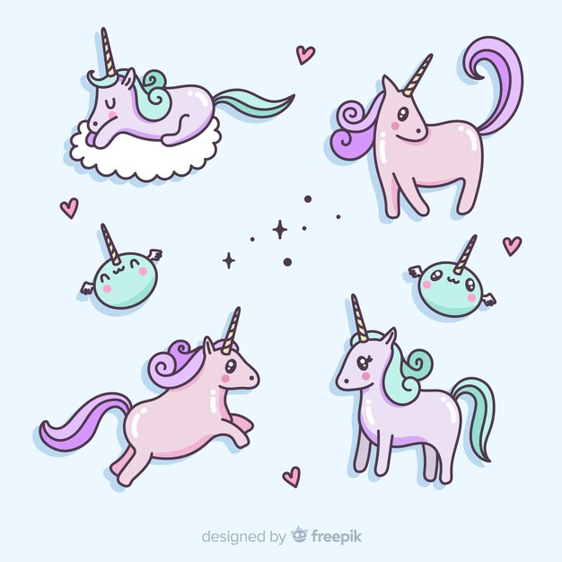 Vector gratuito colección de personajes kawaii de unicornios