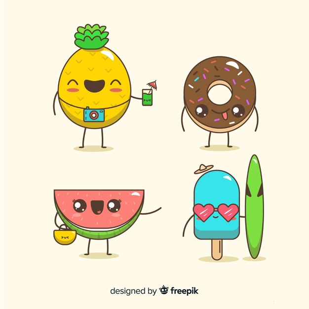 Colección de personajes kawaii de verano adorables