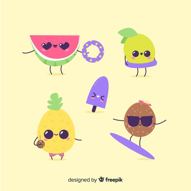 Colección de personajes kawaii de verano adorables