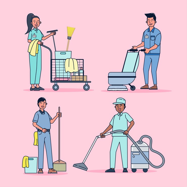 Vector gratuito colección de personajes de limpiador grande conjunto aislado ilustración plana con uniforme profesional, estilo de dibujos animados