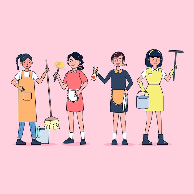 Colección de personajes de limpiadores conjunto grande aislado ilustración plana con uniforme profesional, estilo de dibujos animados