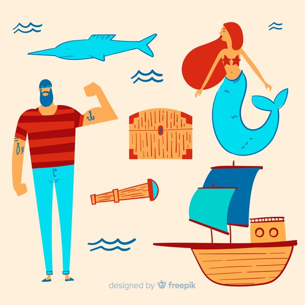 Colección de personajes marinos dibujados a mano