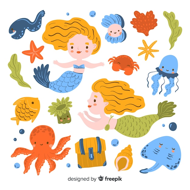 Colección de personajes marinos dibujados a mano
